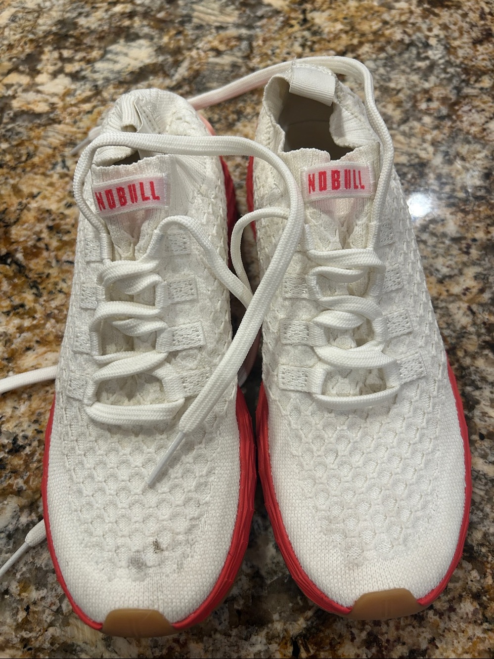NOBULL womens White Knit Sneakers with Pink-Red Sole